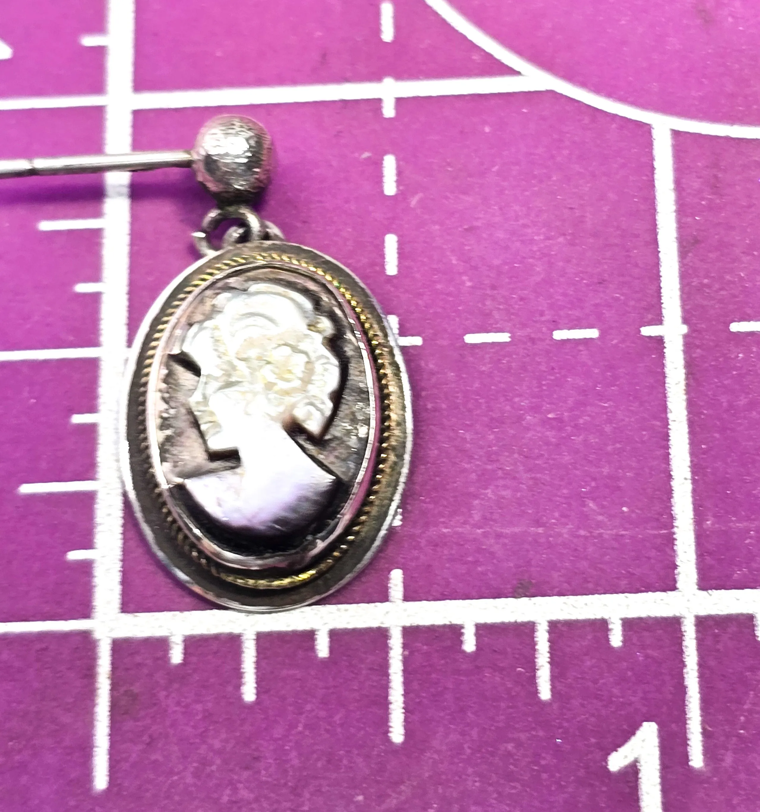 Cameo lady carved shell Mother of Pearl MOP vintage sterling silver post earrings
