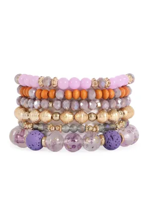 Charm Mix Beads Multilayer Stretch Bracelet Purple - Pack of 6