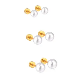 Children's, Teens' and Mothers Earrings:  Surgical Steel, 18k Gold IP, Pearl Screw Back Earrings X 3 Set 2
