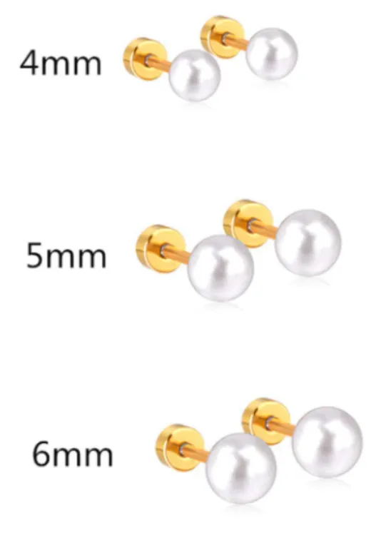 Children's, Teens' and Mothers Earrings:  Surgical Steel, 18k Gold IP, Pearl Screw Back Earrings X 3 Set 2