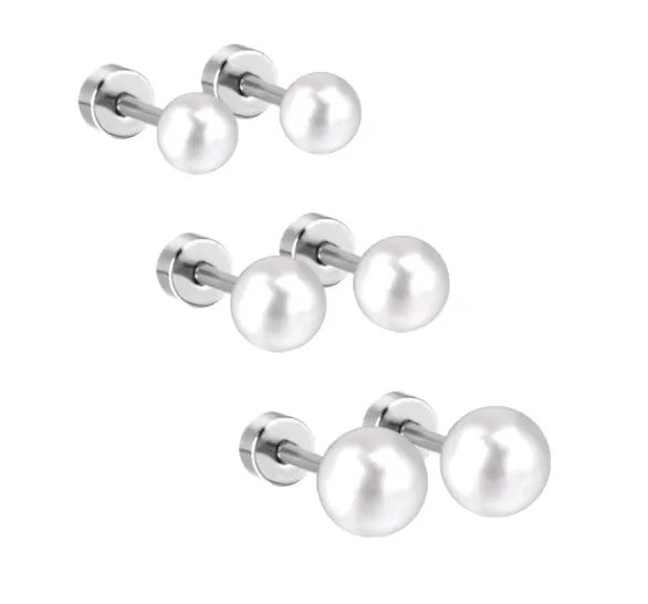 Children's, Teens' and Mothers Earrings:  Surgical Steel, 18k Gold IP, Pearl Screw Back Earrings X 3 Set 2