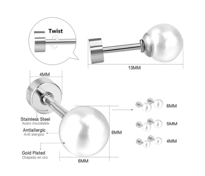 Children's, Teens' and Mothers Earrings:  Surgical Steel, 18k Gold IP, Pearl Screw Back Earrings X 3 Set 2