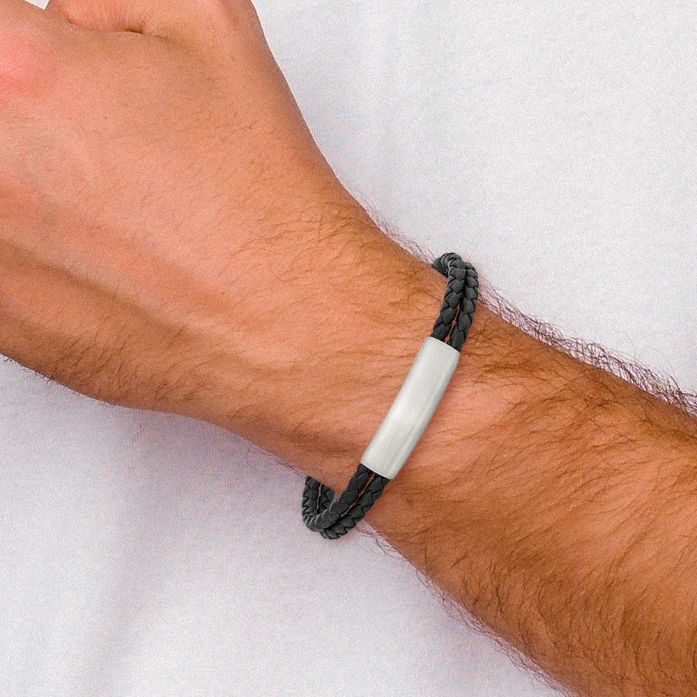 Chisel Stainless Steel Brushed Braided Black Leather Multi Strand 8 inch with .5in extension Bracelet