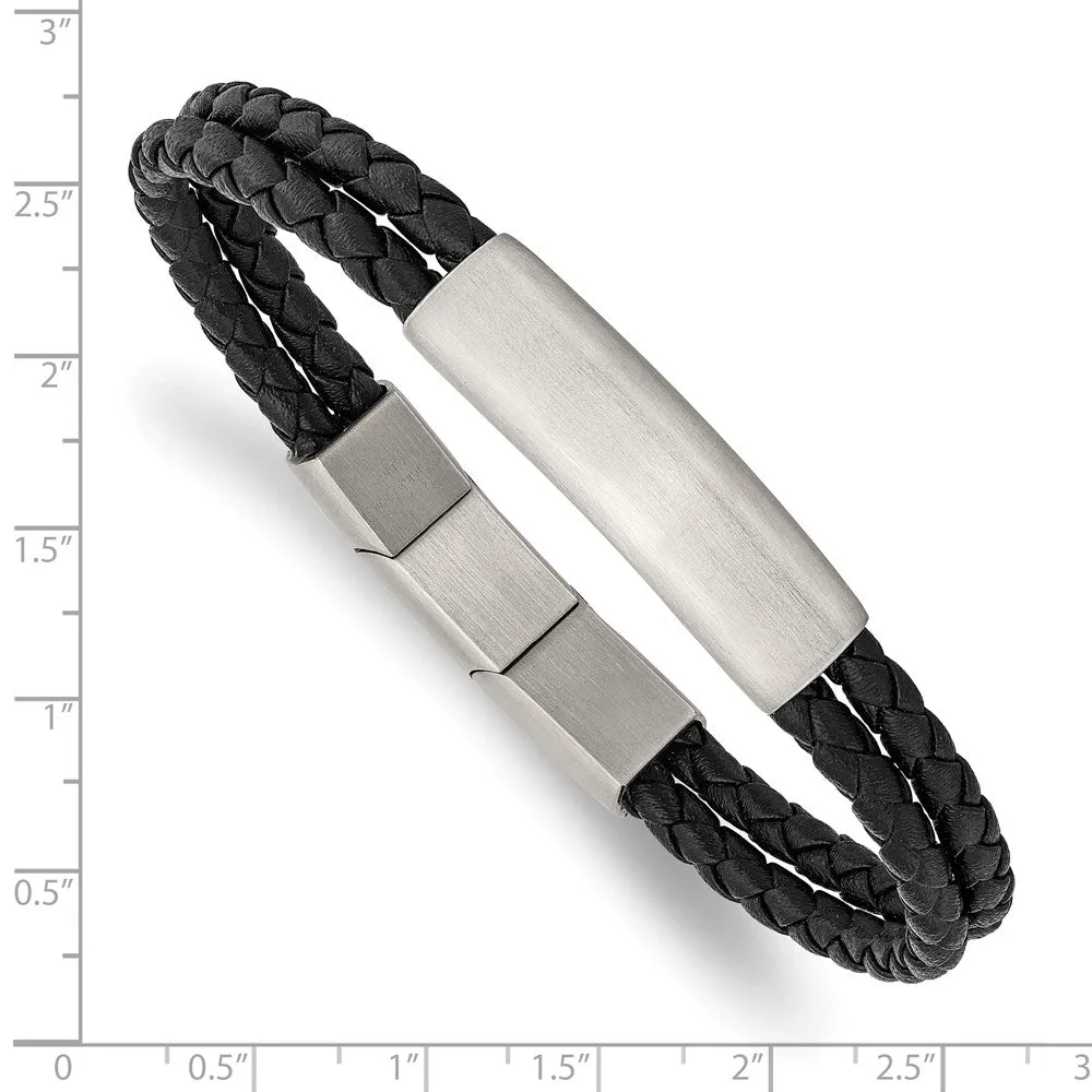 Chisel Stainless Steel Brushed Braided Black Leather Multi Strand 8 inch with .5in extension Bracelet