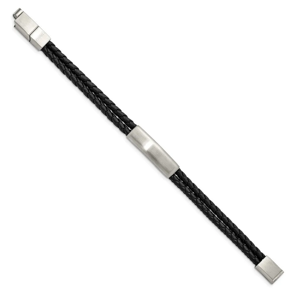 Chisel Stainless Steel Brushed Braided Black Leather Multi Strand 8 inch with .5in extension Bracelet