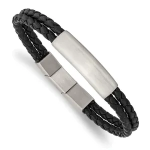 Chisel Stainless Steel Brushed Braided Black Leather Multi Strand 8 inch with .5in extension Bracelet
