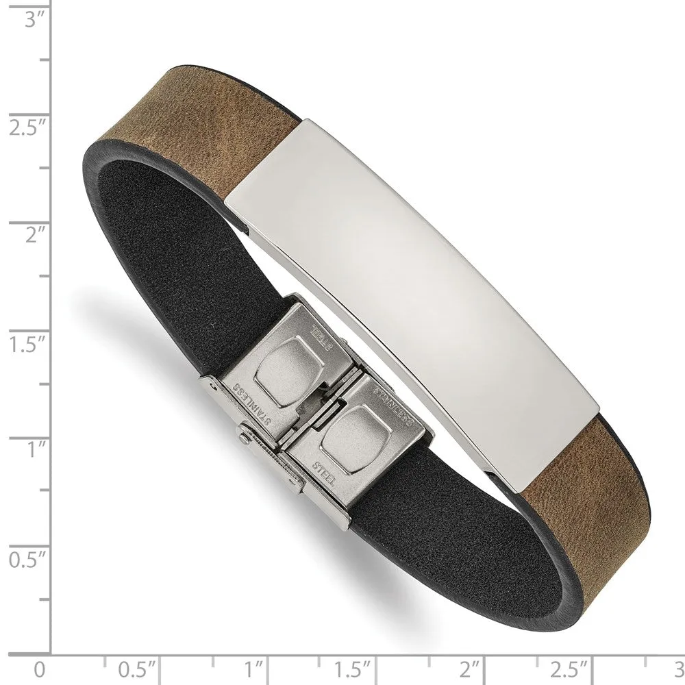 Chisel Stainless Steel Polished Black and Brown Leather 8.25 inch ID Bracelet