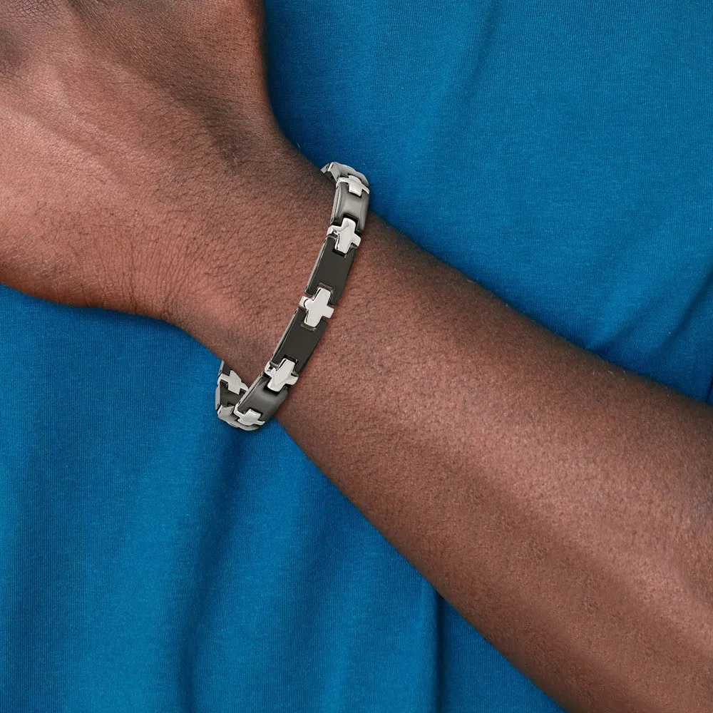 Chisel Stainless Steel Polished Black-plated 8 inch Cross Link Bracelet