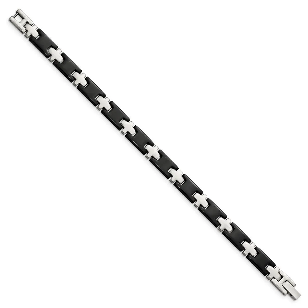 Chisel Stainless Steel Polished Black-plated 8 inch Cross Link Bracelet