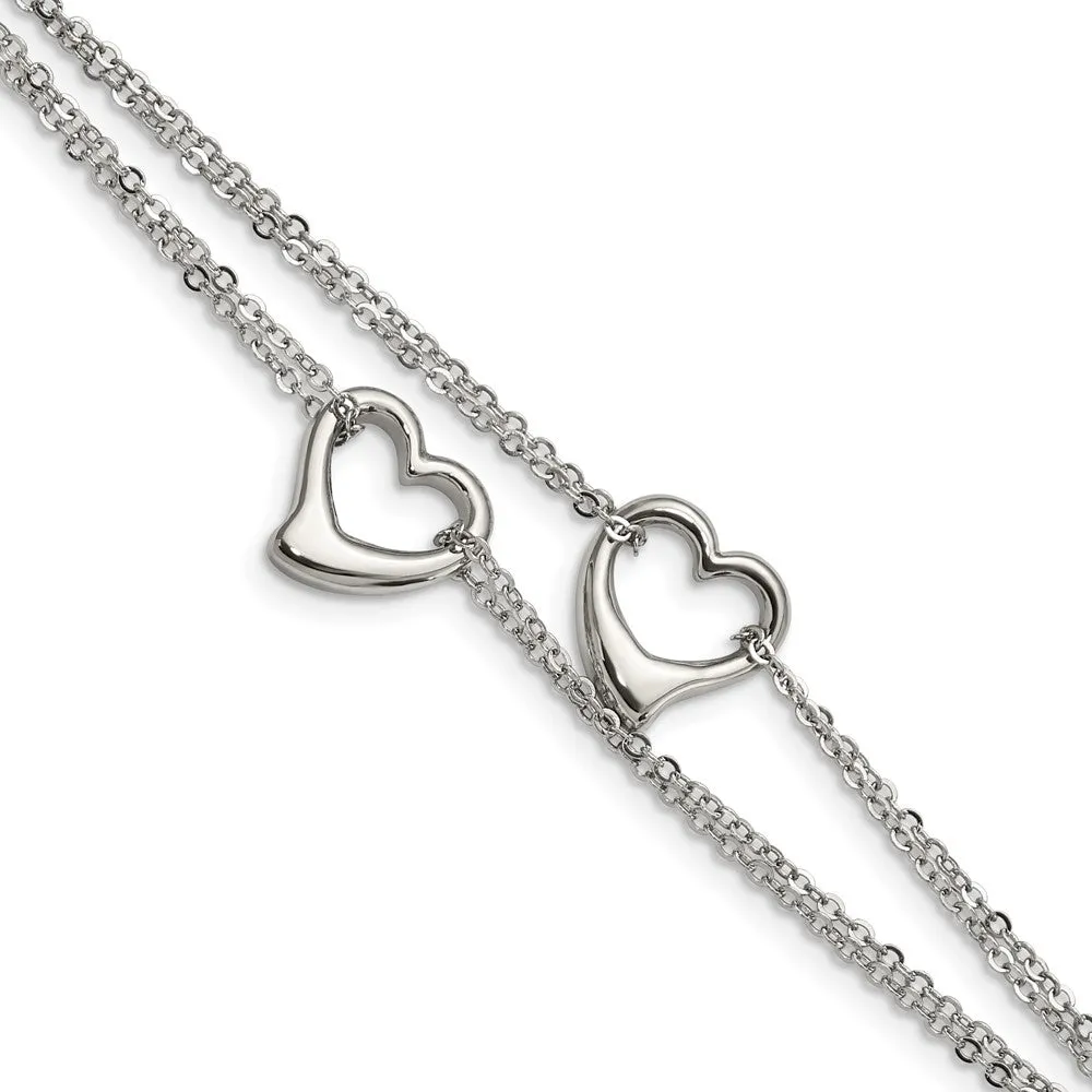 Chisel Stainless Steel Polished Cutout Hearts 7 inch Multi-Strand Bracelet