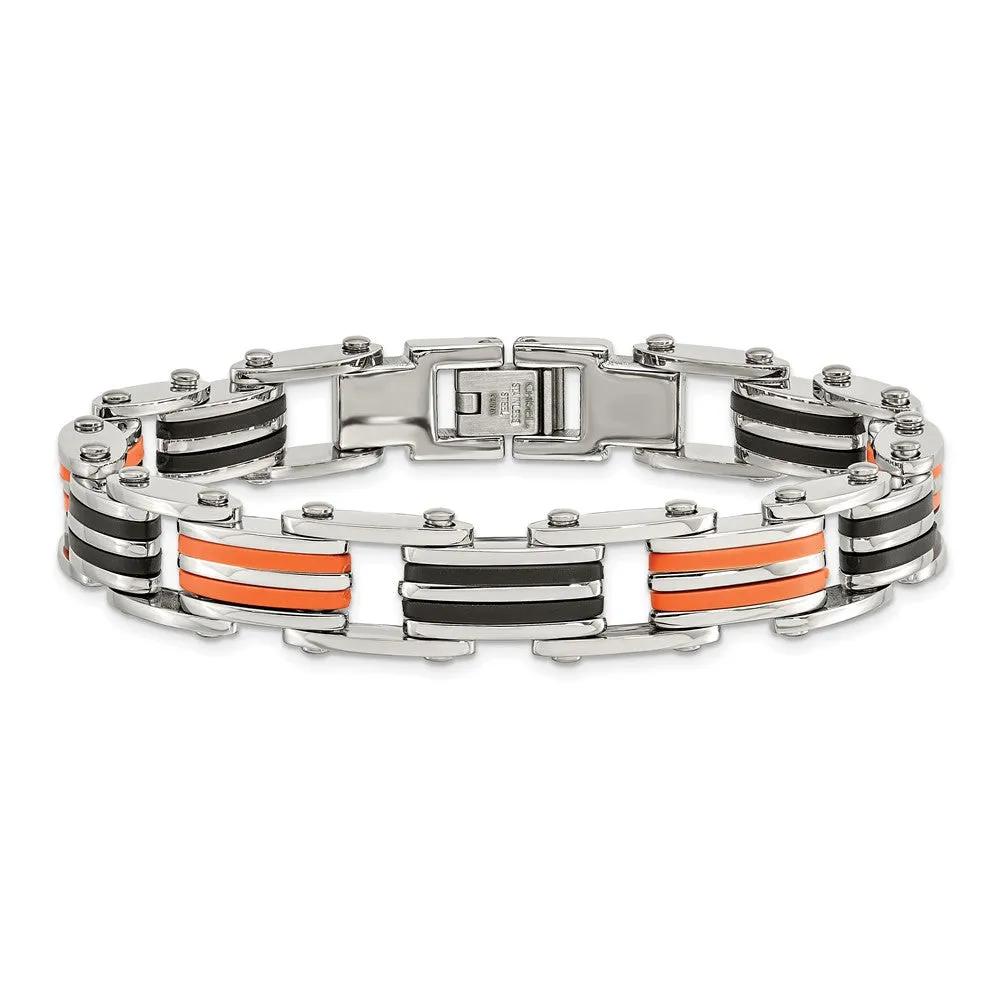 Chisel Stainless Steel Polished with Black and Orange Rubber 8.5 inch Link Bracelet