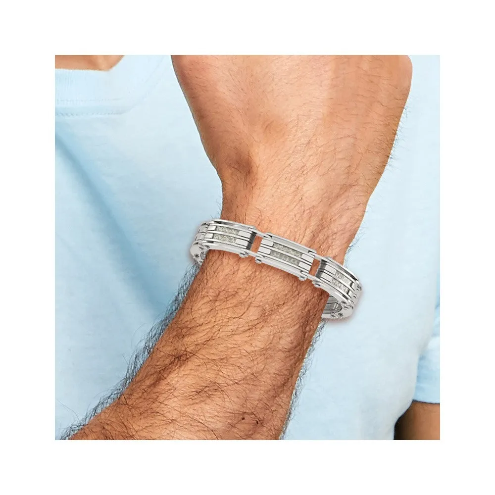 Chisel Stainless Steel Polished with Grey Carbon Fiber Inlay 8.25 inch Link Bracelet