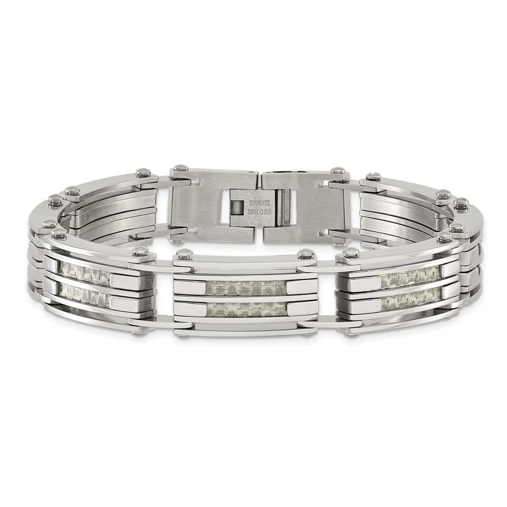 Chisel Stainless Steel Polished with Grey Carbon Fiber Inlay 8.25 inch Link Bracelet