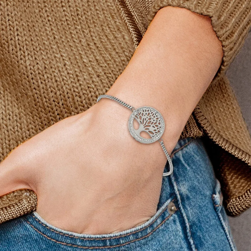 Chisel Stainless Steel Polished with Preciosa Crystal Tree of Life Adjustable Bracelet