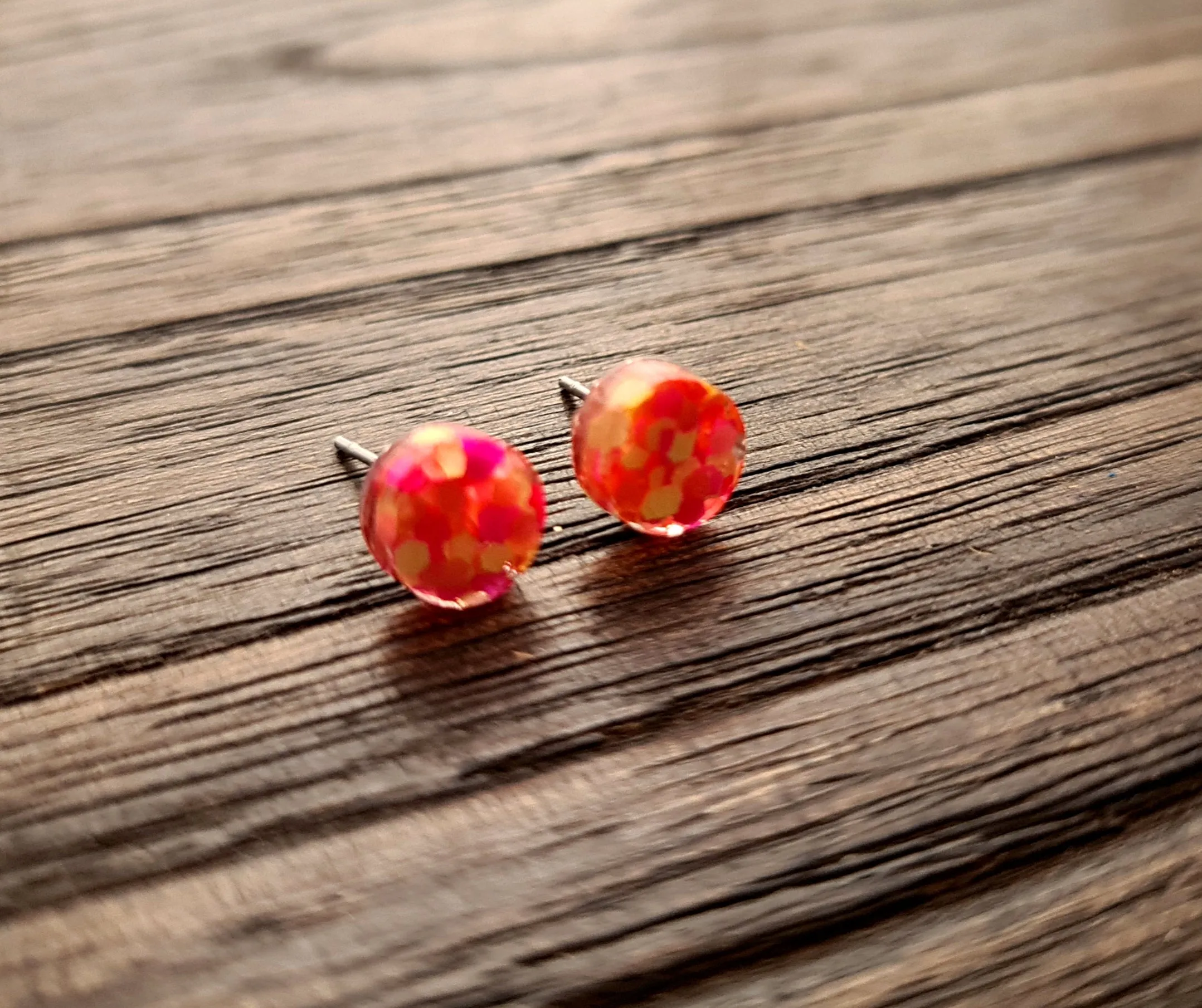 Circle Dot Resin Stud Earrings, Neon Pink Orange Yellow Glitter Earrings. Stainless Steel Stud Earrings. 8mm