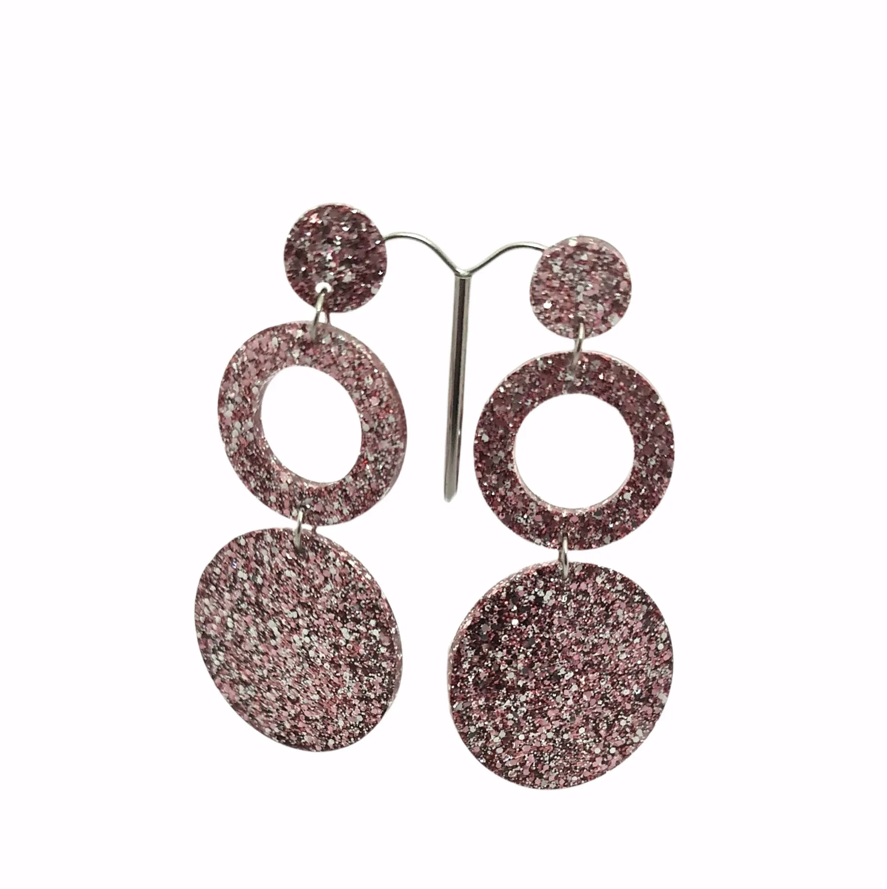 Circle Hoop Earrings, Salmon Pink Silver Glitter Dangle Statement Earrings