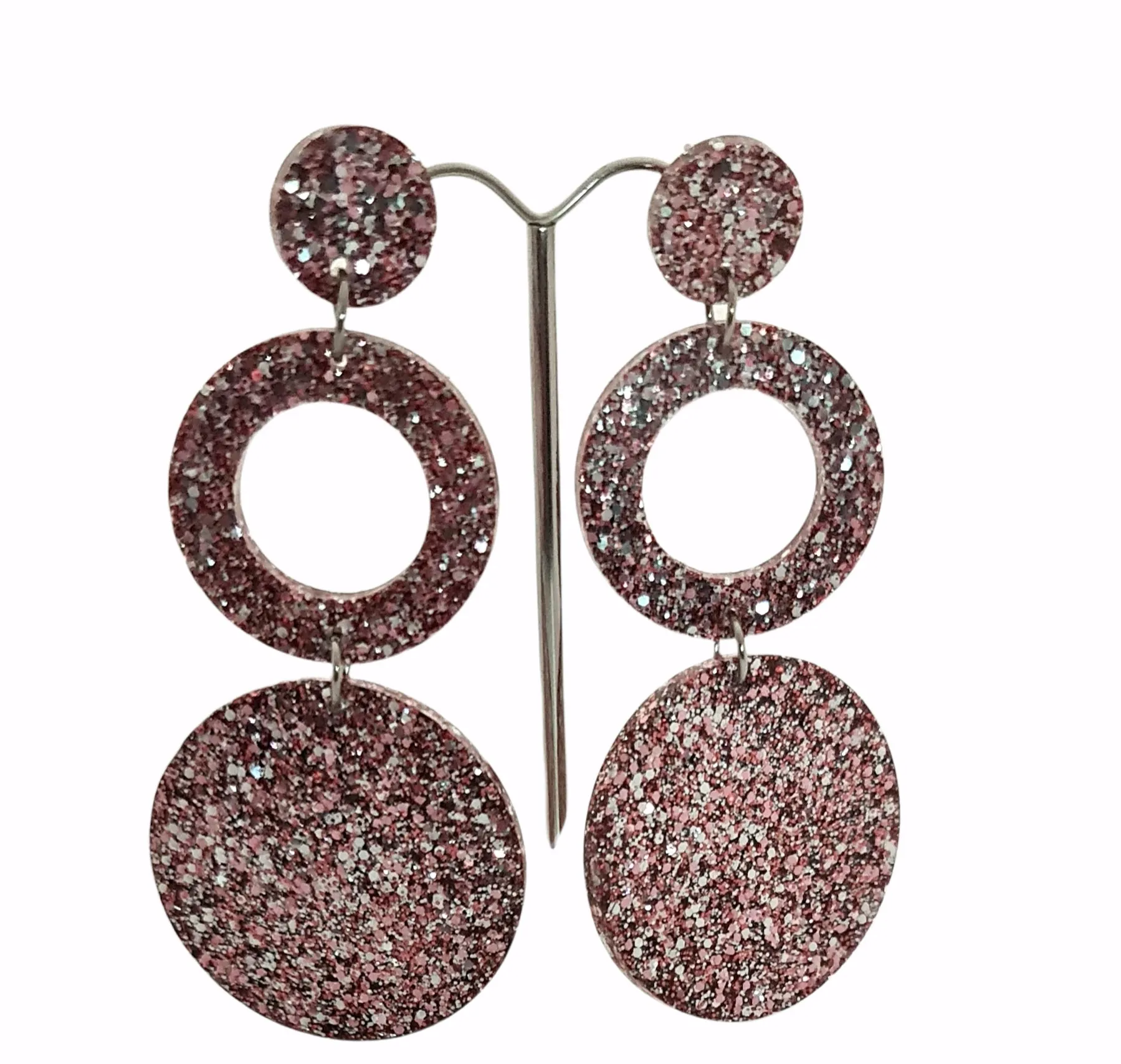 Circle Hoop Earrings, Salmon Pink Silver Glitter Dangle Statement Earrings