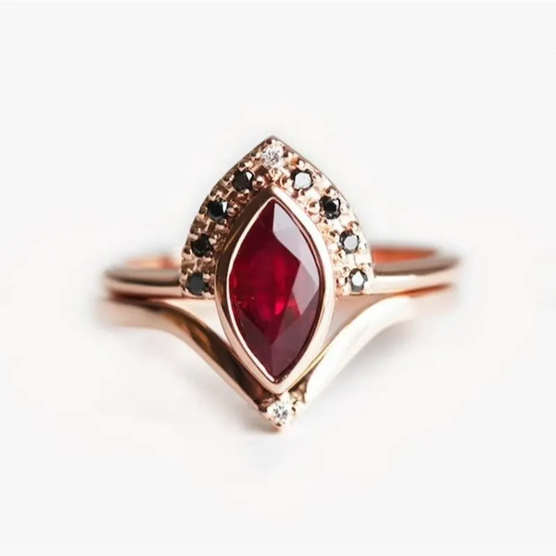 Classic Red Ruby Ring Set Rose Gold Women Wedding Jewelry