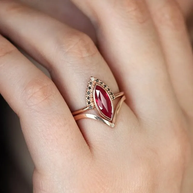 Classic Red Ruby Ring Set Rose Gold Women Wedding Jewelry