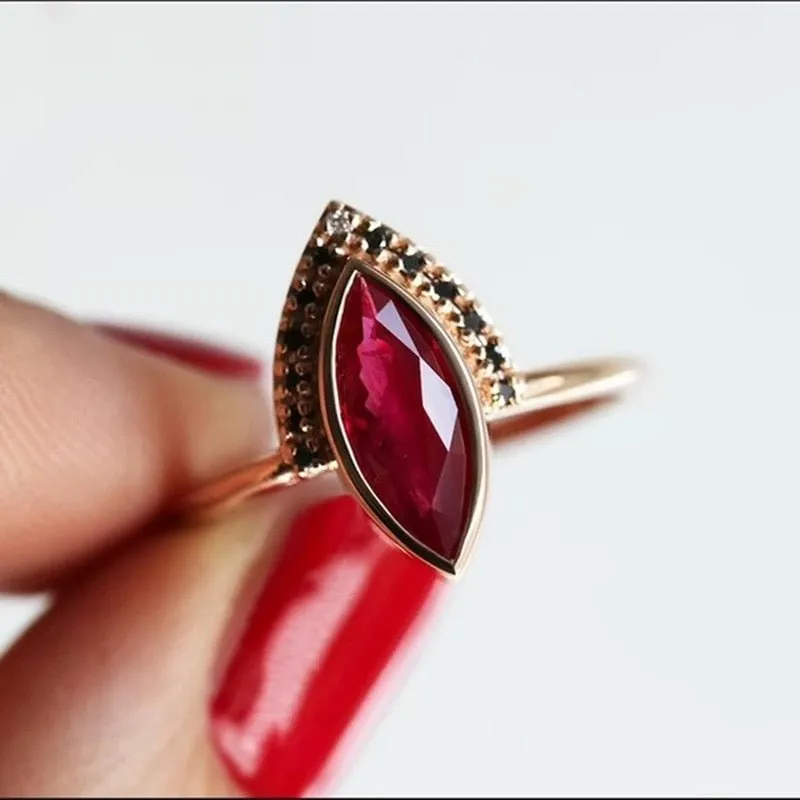 Classic Red Ruby Ring Set Rose Gold Women Wedding Jewelry