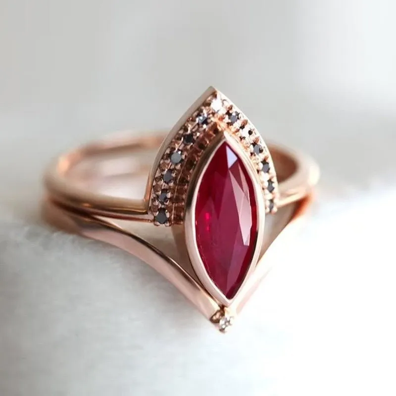 Classic Red Ruby Ring Set Rose Gold Women Wedding Jewelry