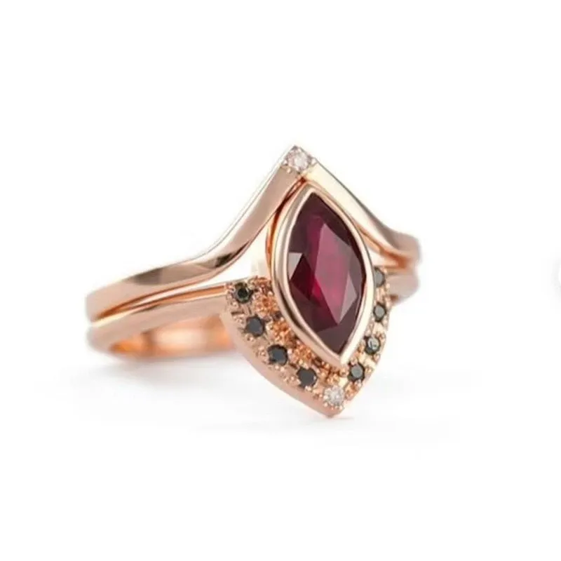 Classic Red Ruby Ring Set Rose Gold Women Wedding Jewelry