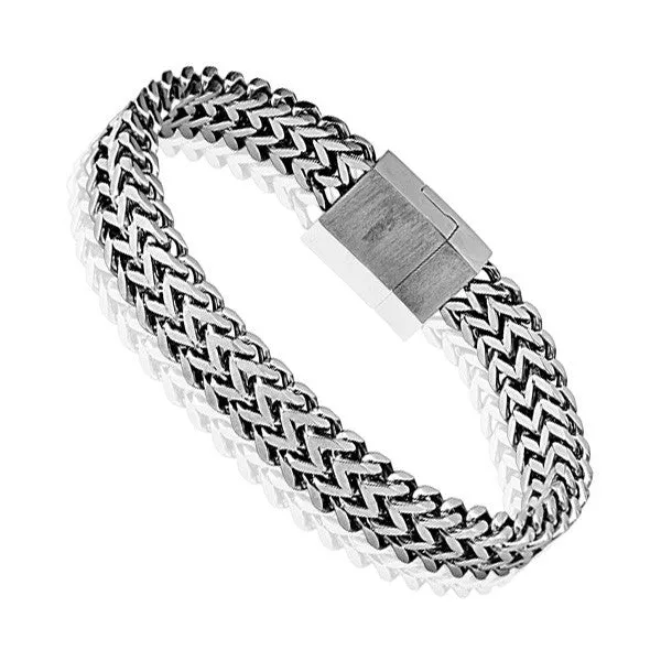 Classic Stainless Steel 8.5" Balinese Wheat Chain Bracelet with Magnetic Lock.