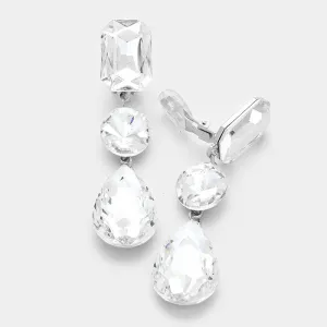Clear Crystal Triple Drop Geometric Shape Clip On Pageant Earrings  | Prom Earrings | 249184