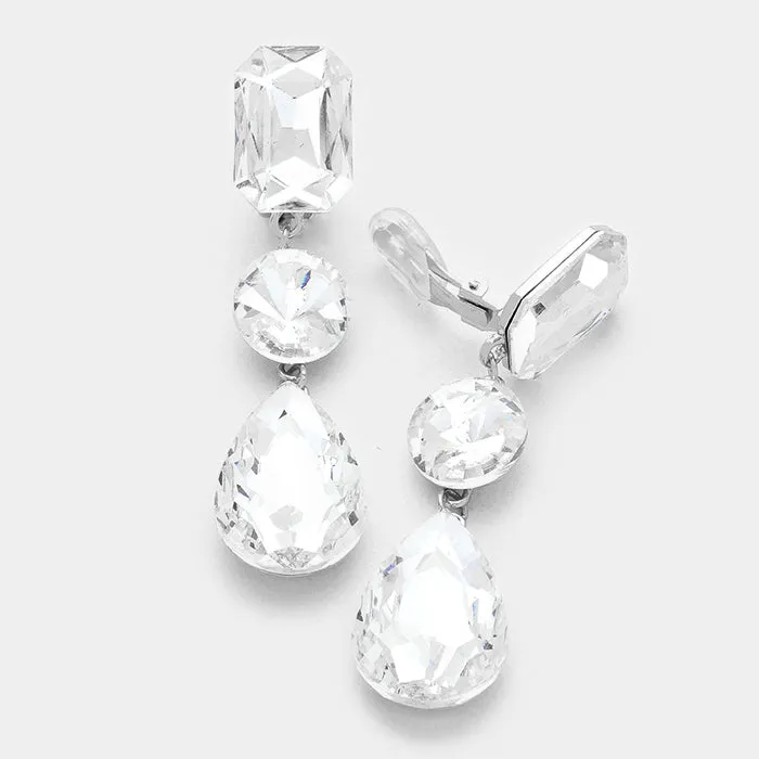 Clear Crystal Triple Drop Geometric Shape Clip On Pageant Earrings  | Prom Earrings | 249184