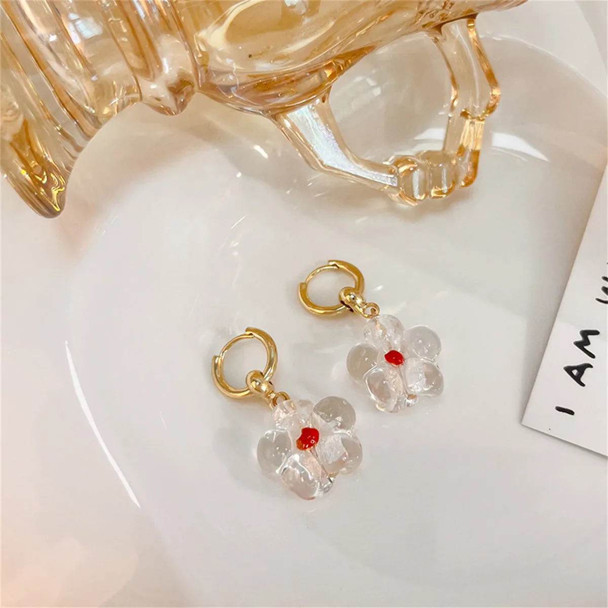 Clear Resin & 18K Gold-Plated Flower Huggie Earrings