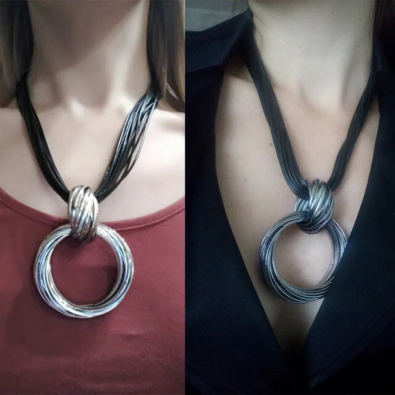 Cluster Vintage Cross Alloy Circle Pendant Lots of Black Leather Chain Necklaces Accessories Fashion Jewelry For Women
