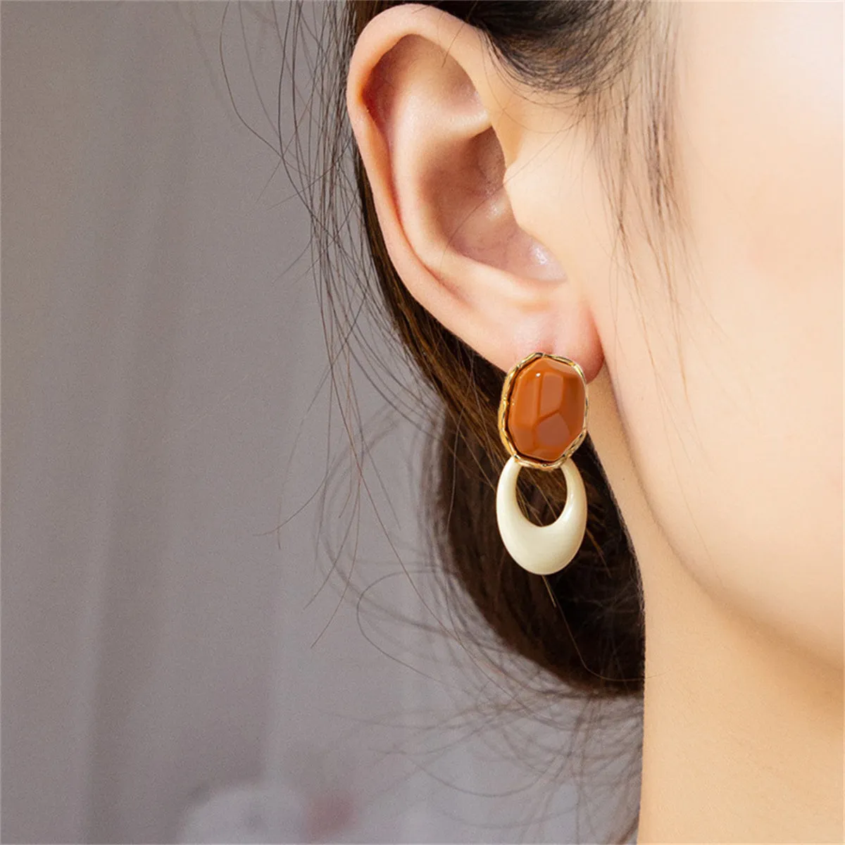 Coffee Resin & 18K Gold-Plated Oval Drop Earrings