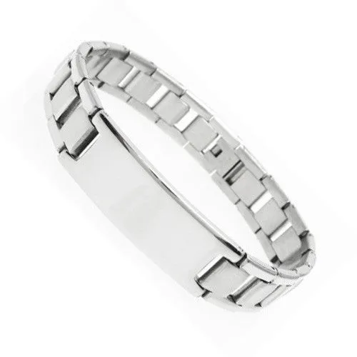 Cool 8.25" Watch Band Style Strap Link Stainless Steel Bracelet with Engravable Plate.