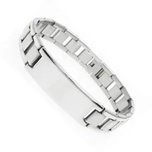 Cool 8.25" Watch Band Style Strap Link Stainless Steel Bracelet with Engravable Plate.