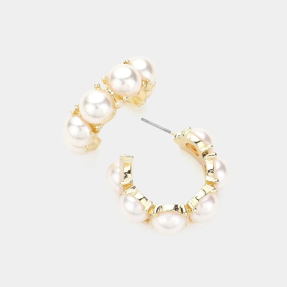 Cream Pearl Round Stone Half Hoop Pageant Earrings | Cream Pearl Interview Earrings |  624971