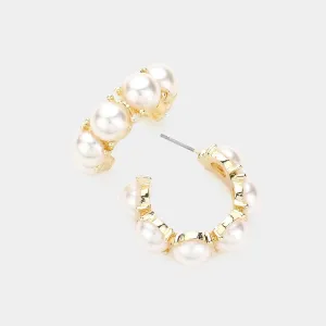 Cream Pearl Round Stone Half Hoop Pageant Earrings | Cream Pearl Interview Earrings |  624971