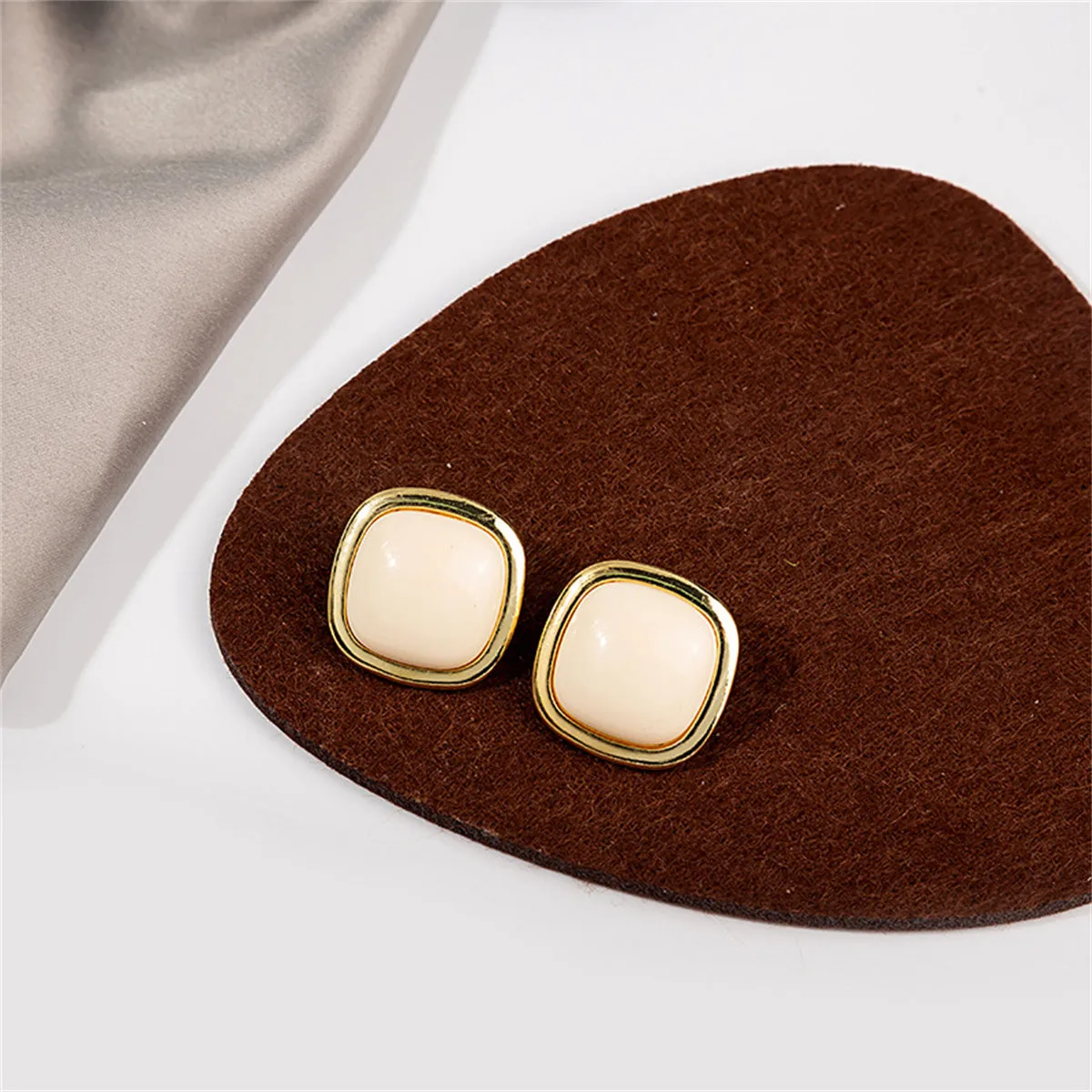 Cream Resin & 18K Gold-Plated Square Stud Earrings