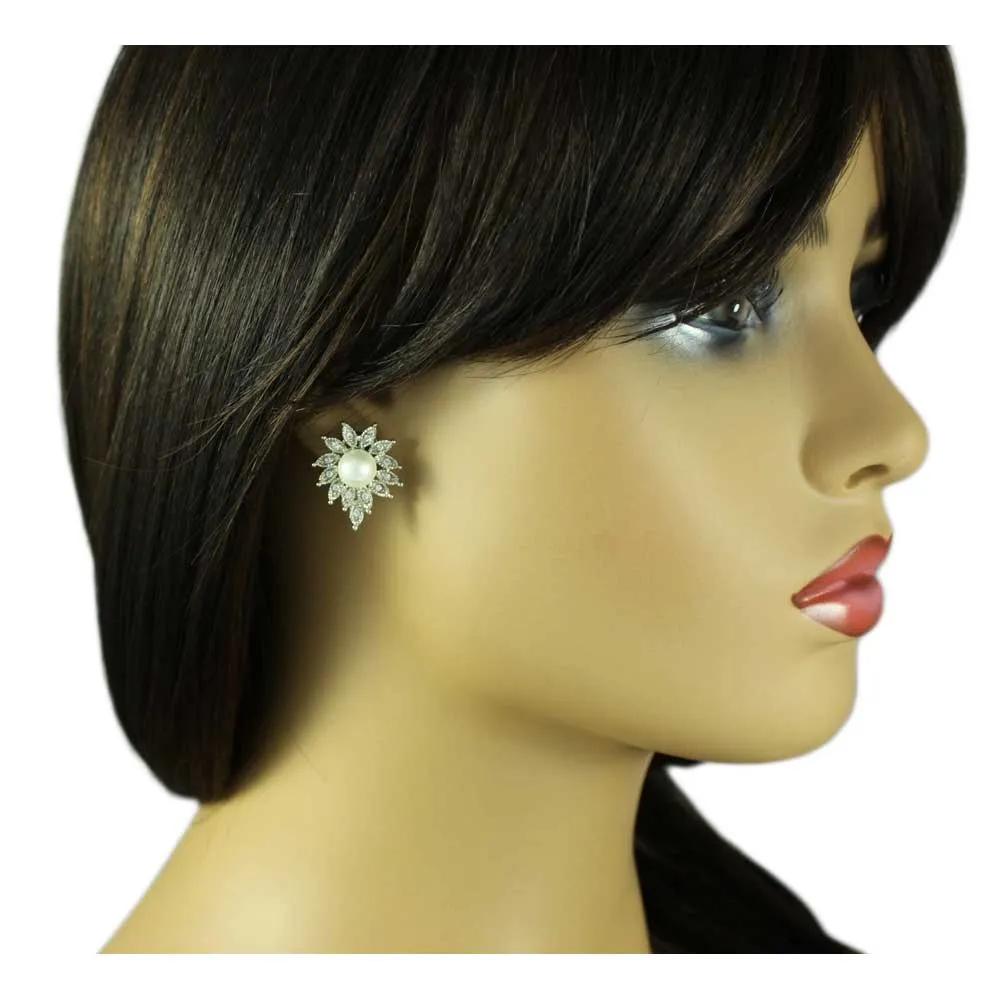 Crystal Sunburst with White Pearl Pierced Earring - PRE904