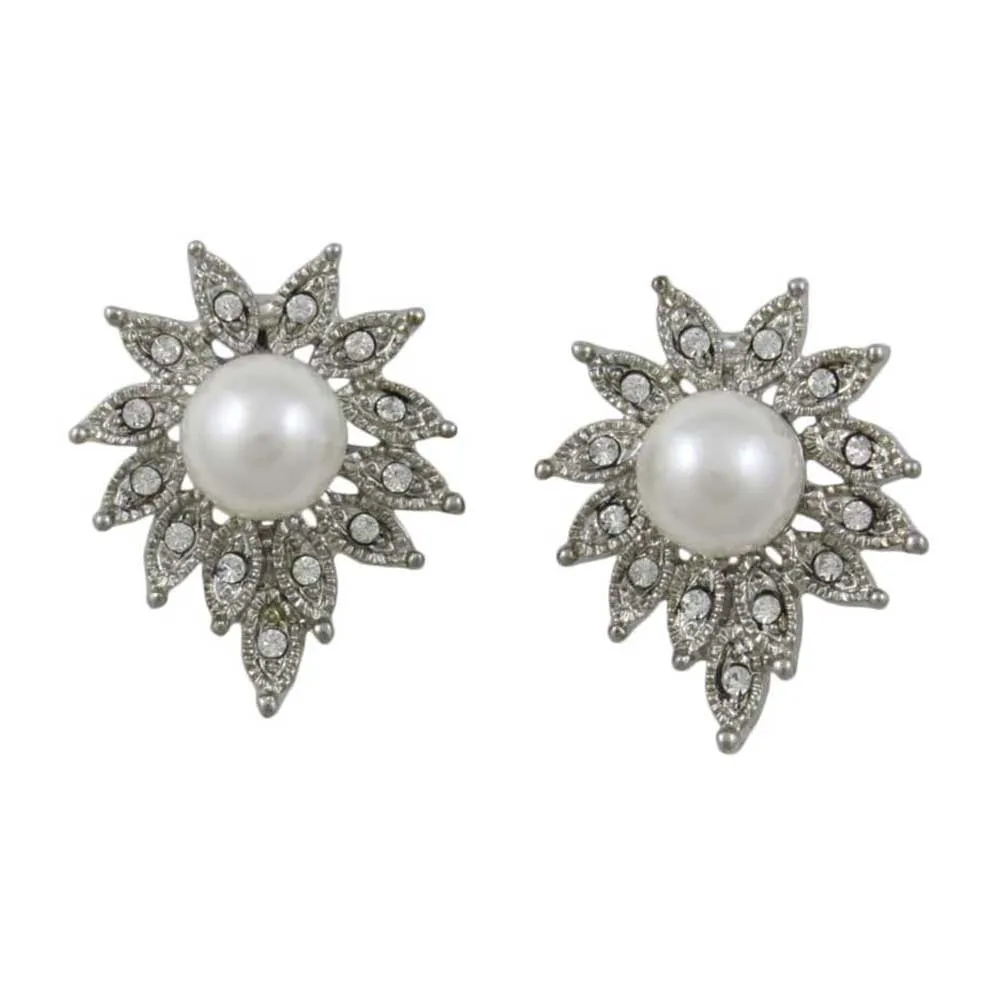 Crystal Sunburst with White Pearl Pierced Earring - PRE904