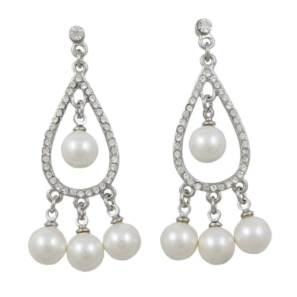 Crystal Teardrop with Dangling Pearl Balls Pierced Earring - PRE720