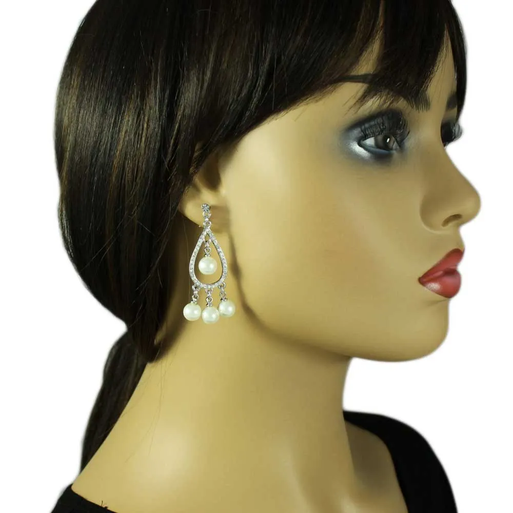 Crystal Teardrop with Dangling Pearl Balls Pierced Earring - PRE720