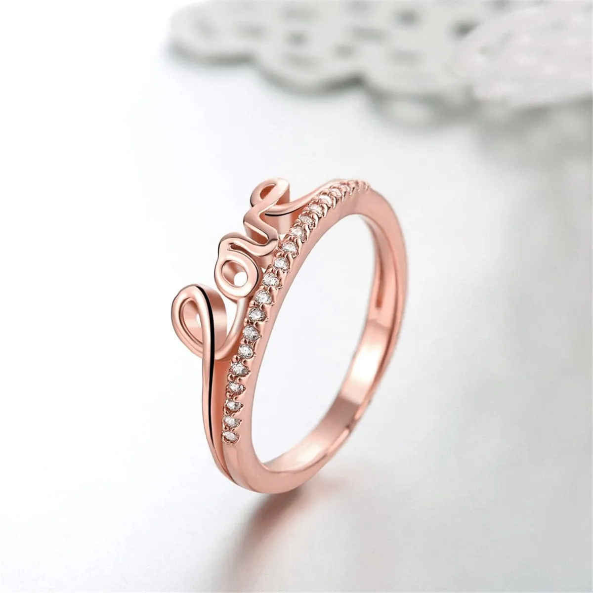 Cubic Zirconia & 18K Rose Gold-Plated 'Love' Ring
