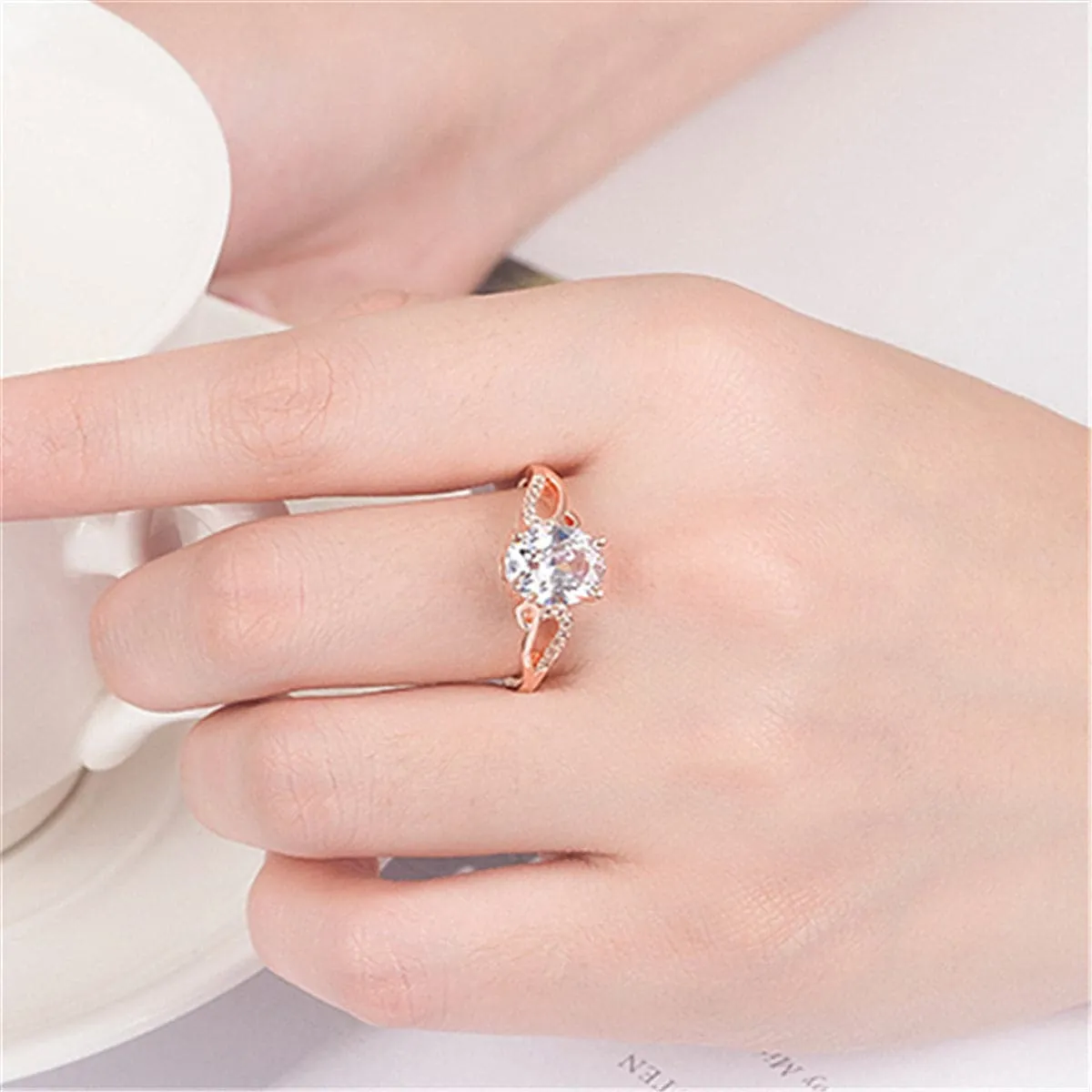 Cubic Zirconia & 18K Rose Gold-Plated Oval Ring