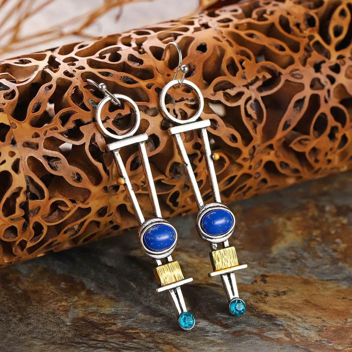 Cubic Zirconia & Lapis Geometric Drop Earrings
