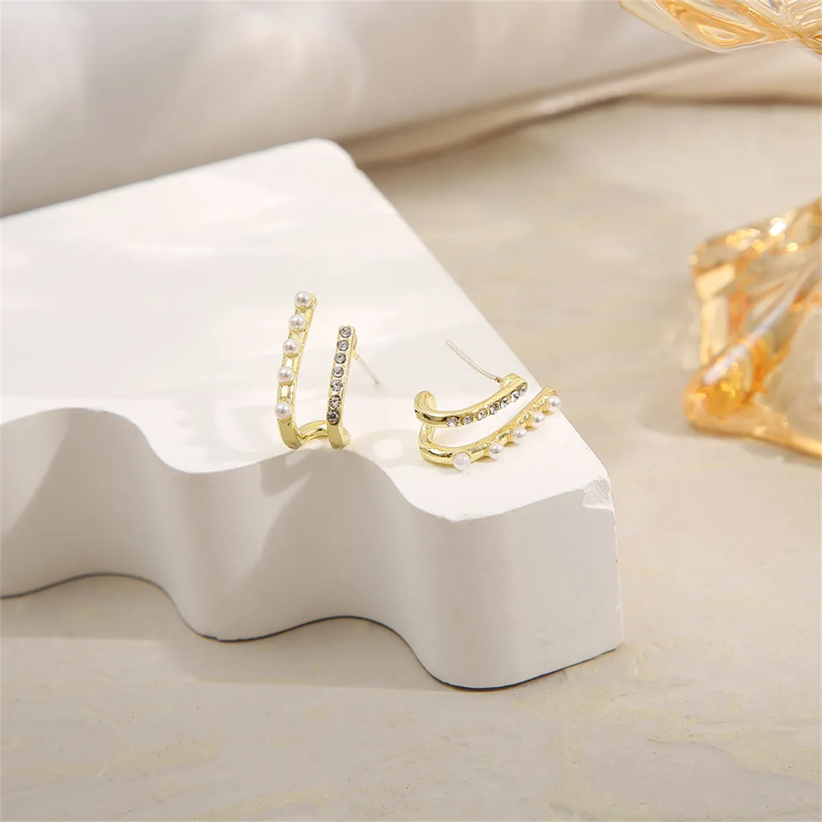 Cubic Zirconia & Pearl 18K Gold-Plated Geometric Stud Earrings