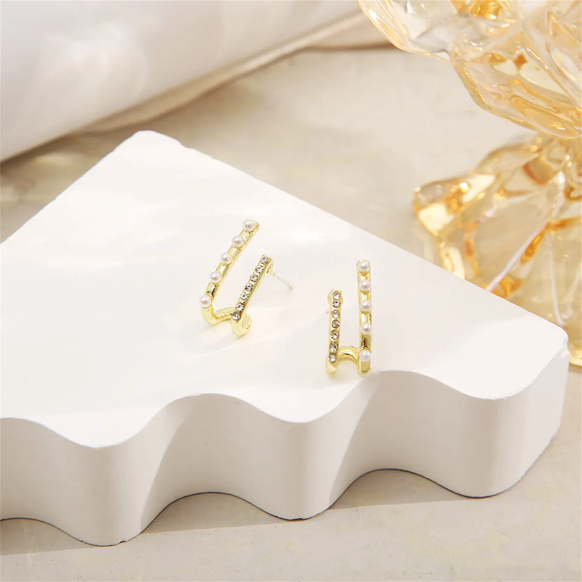 Cubic Zirconia & Pearl 18K Gold-Plated Geometric Stud Earrings