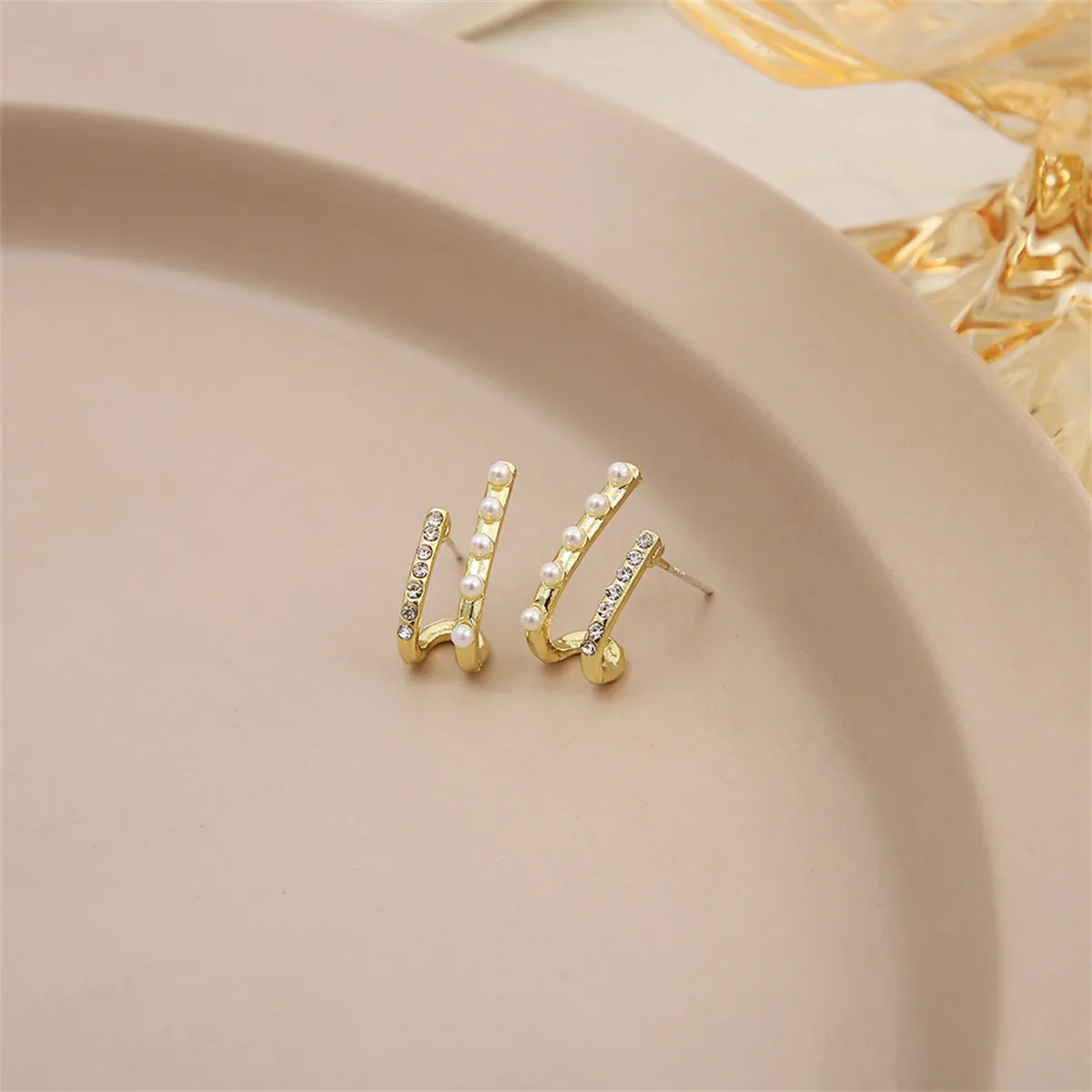Cubic Zirconia & Pearl 18K Gold-Plated Geometric Stud Earrings