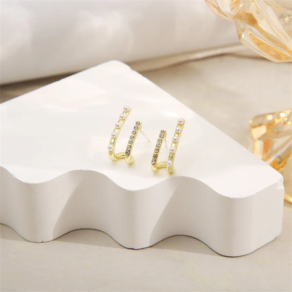 Cubic Zirconia & Pearl 18K Gold-Plated Geometric Stud Earrings