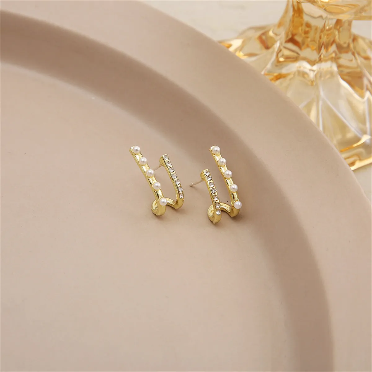 Cubic Zirconia & Pearl 18K Gold-Plated Geometric Stud Earrings