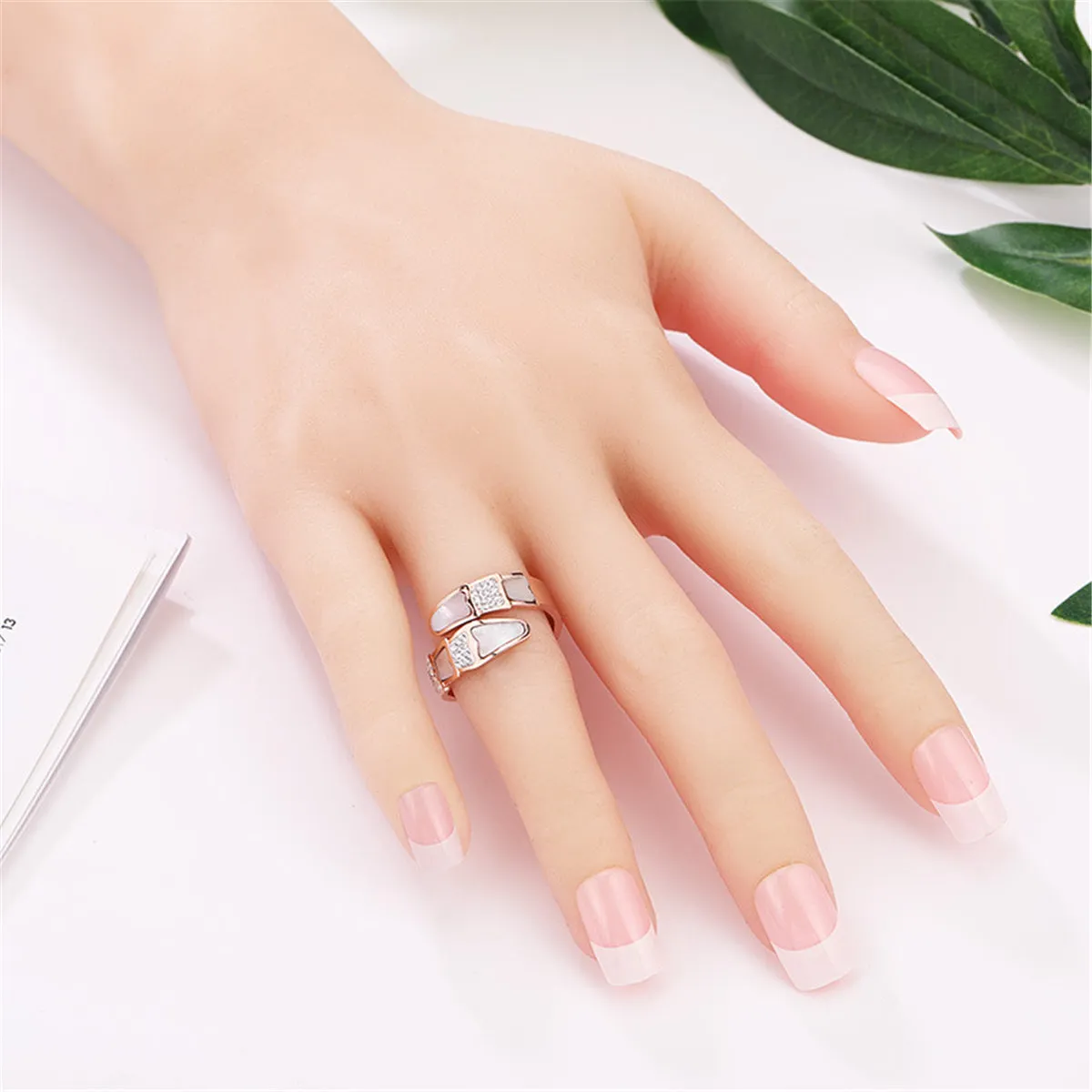 Cubic Zirconia & Shell Pangolin Scale Bypass Ring